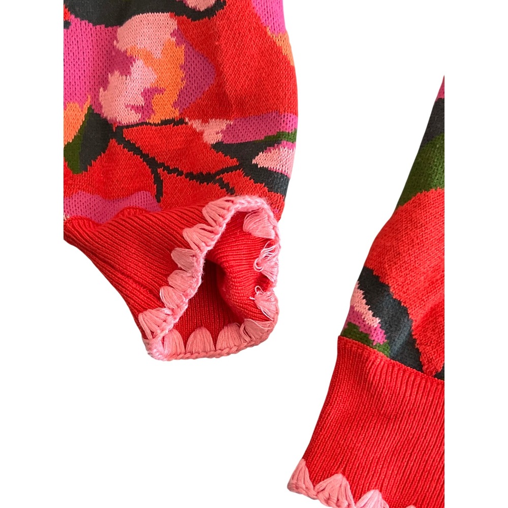 Farm Rio Red Pink Tropical Papaya Floral Knit Scalloped Cardigan Sweater Medium - Picture 4 of 6